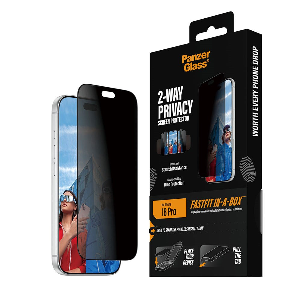 iPhone 18 Pro PanzerGlass Ultra Wide Fit Skærmbeskyttelsesglas m. FastFit In-A-Box - Privacy - Gennemsigtig