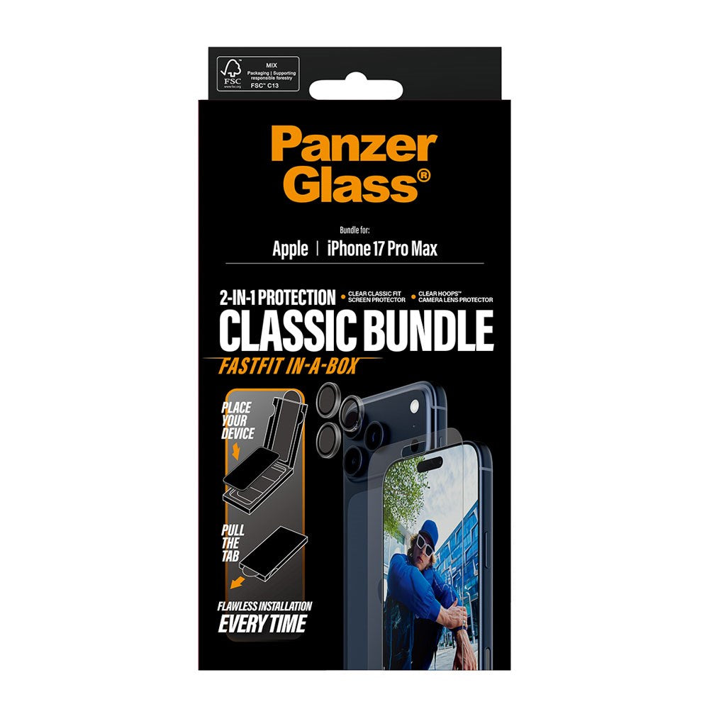 PanzerGlass iPhone 17 Pro Max 2-in-1 Classic Bundle - Skærmbeskyttelse + Kameralinsebeskyttelse - Gennemsigtig