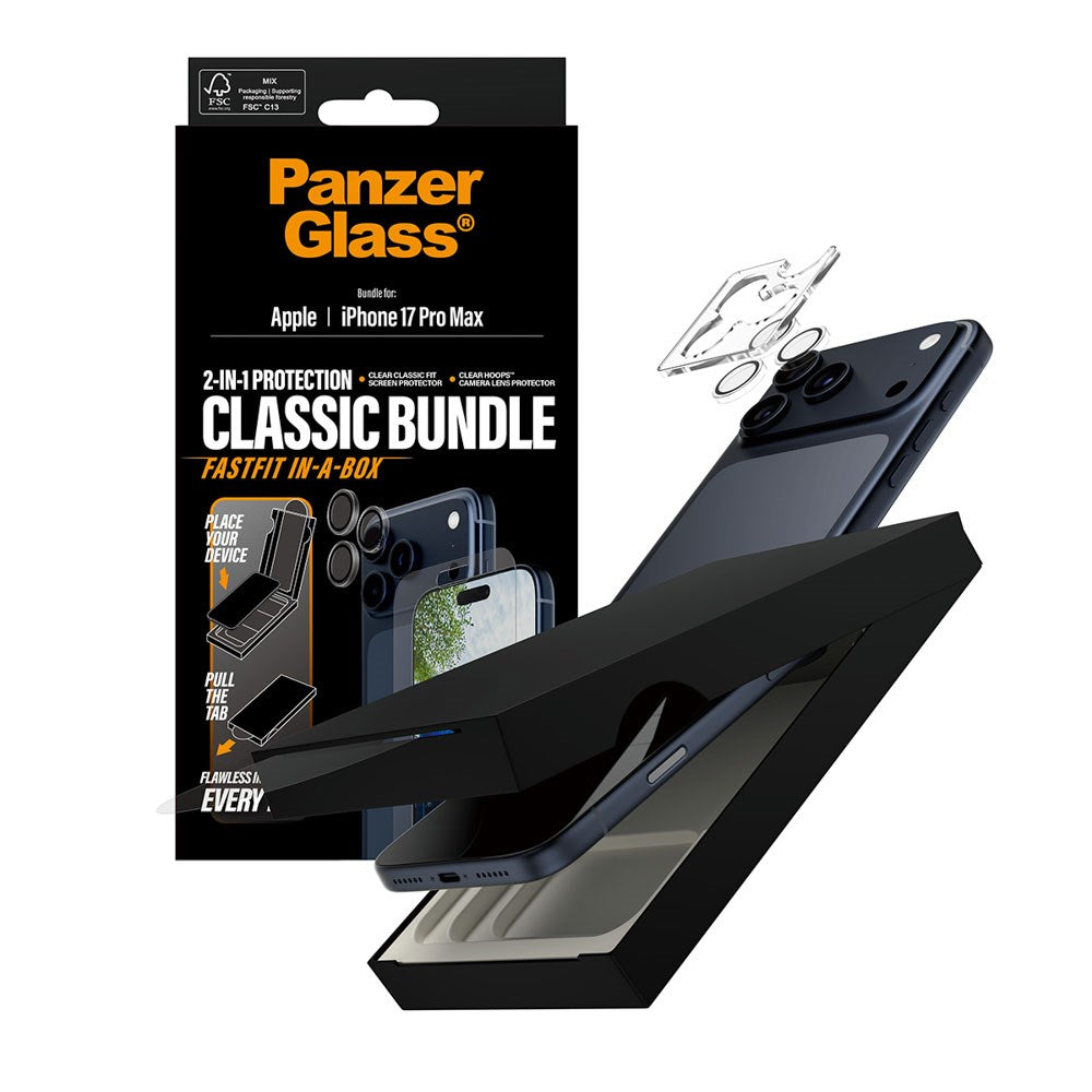 PanzerGlass iPhone 17 Pro Max 2-in-1 Classic Bundle - Skærmbeskyttelse + Kameralinsebeskyttelse - Gennemsigtig