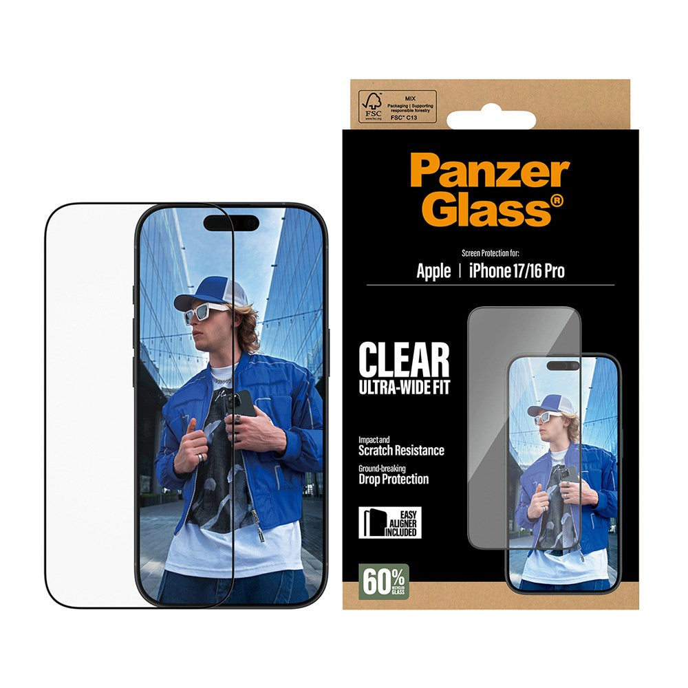 PanzerGlass iPhone 17 / 16 Pro Skærmbeskyttelsesglas m. EasyAligner - Ultra Wide Fit - Gennemsigtig