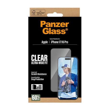 PanzerGlass iPhone 17 / 16 Pro Skærmbeskyttelsesglas m. EasyAligner - Ultra Wide Fit - Gennemsigtig