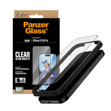 PanzerGlass iPhone 17 / 16 Pro Skærmbeskyttelsesglas m. EasyAligner - Ultra Wide Fit - Gennemsigtig