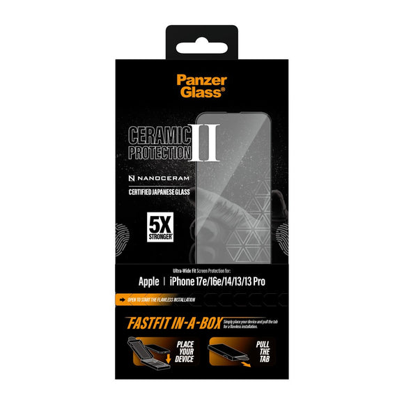 iPhone 17e / 16e / 14 / 13 / 13 Pro PanzerGlass Ceramic Ultra-Wide Fit Skærmbeskyttelsesglas - FastFit In-A-Box - Gennemsigtig