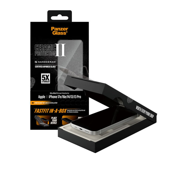 iPhone 17e / 16e / 14 / 13 / 13 Pro PanzerGlass Ceramic Ultra-Wide Fit Skærmbeskyttelsesglas - FastFit In-A-Box - Gennemsigtig