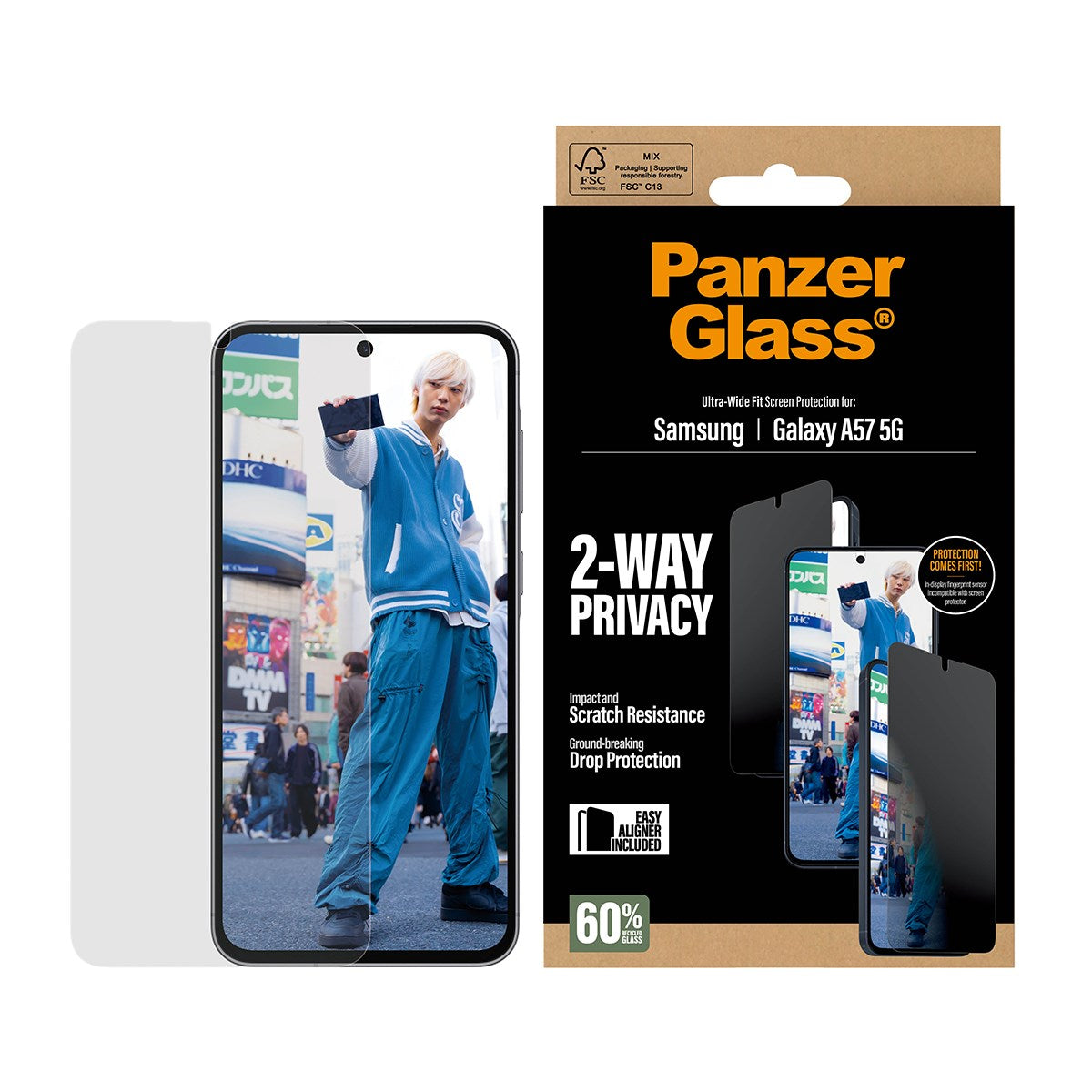 Samsung Galaxy A57 PanzerGlass 2-Way Privacy Skærmbeskyttelse m. EasyAligner - Gennemsigtig