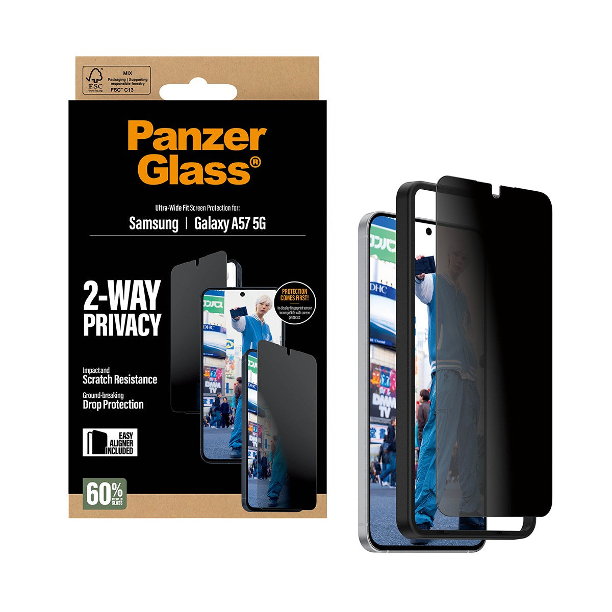 Samsung Galaxy A57 PanzerGlass 2-Way Privacy Skærmbeskyttelse m. EasyAligner - Gennemsigtig