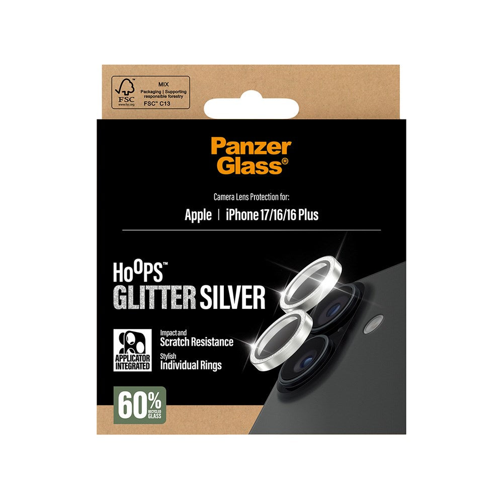 PanzerGlass iPhone 17 / 16 / 16 Plus Hoops Kameralinsebeskyttelse m. Installationsramme - Glitter Sølv
