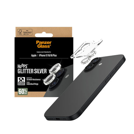 PanzerGlass iPhone 17 / 16 / 16 Plus Hoops Kameralinsebeskyttelse m. Installationsramme - Glitter Sølv