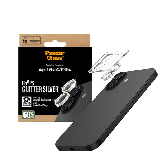 PanzerGlass iPhone 17 / 16 / 16 Plus Hoops Kameralinsebeskyttelse m. Installationsramme - Glitter Sølv