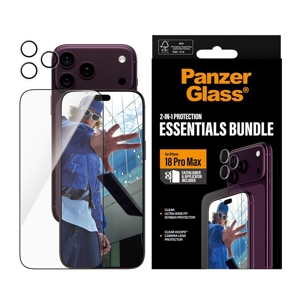 iPhone 18 Pro Max PanzerGlass Essentials 2-in-1 Bundle m. EasyAligner / Skærmbeskyttelse (UWF) / Hoops Kamerabeskyttelse - Gennemsigtig