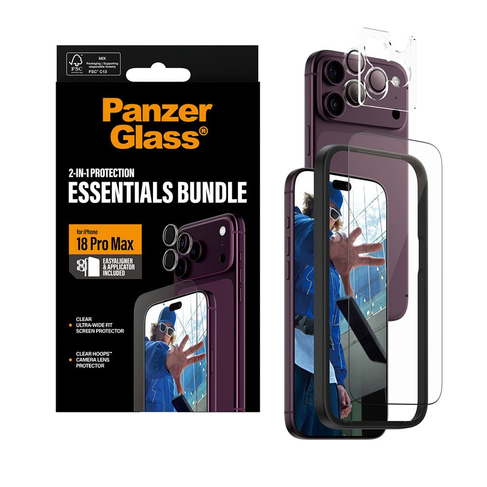 iPhone 18 Pro Max PanzerGlass Essentials 2-in-1 Bundle m. EasyAligner / Skærmbeskyttelse (UWF) / Hoops Kamerabeskyttelse - Gennemsigtig