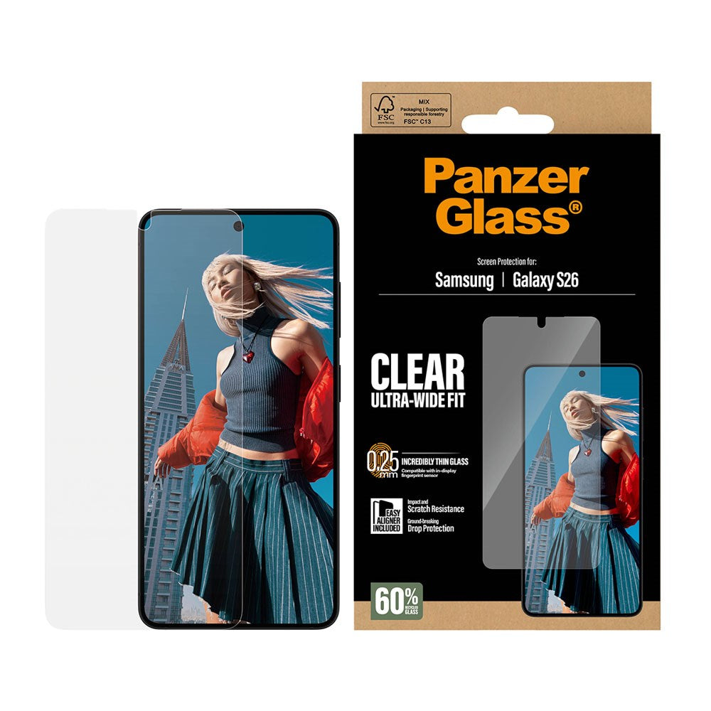 Samsung Galaxy S26 PanzerGlass Skærmbeskyttelsesglas m. EasyAligner - Ultra Wide Fit - Gennemsigtig