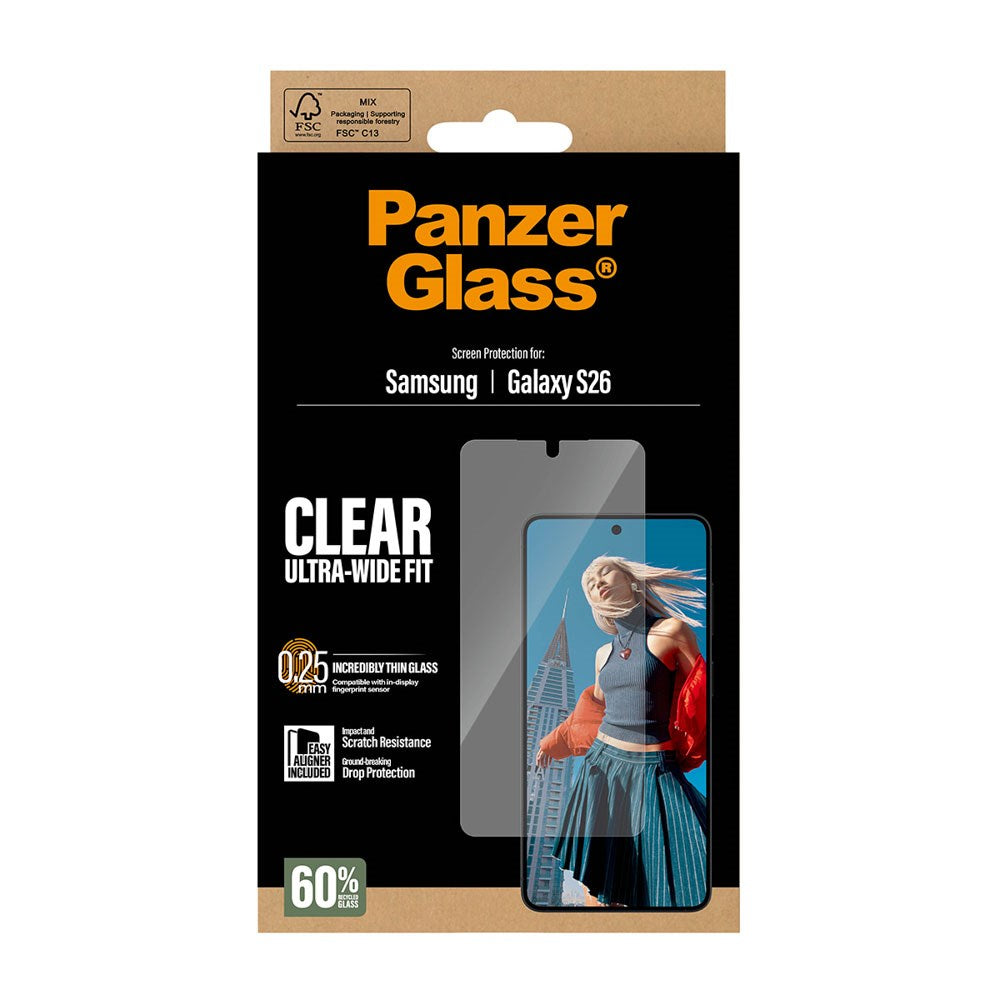 Samsung Galaxy S26 PanzerGlass Skærmbeskyttelsesglas m. EasyAligner - Ultra Wide Fit - Gennemsigtig