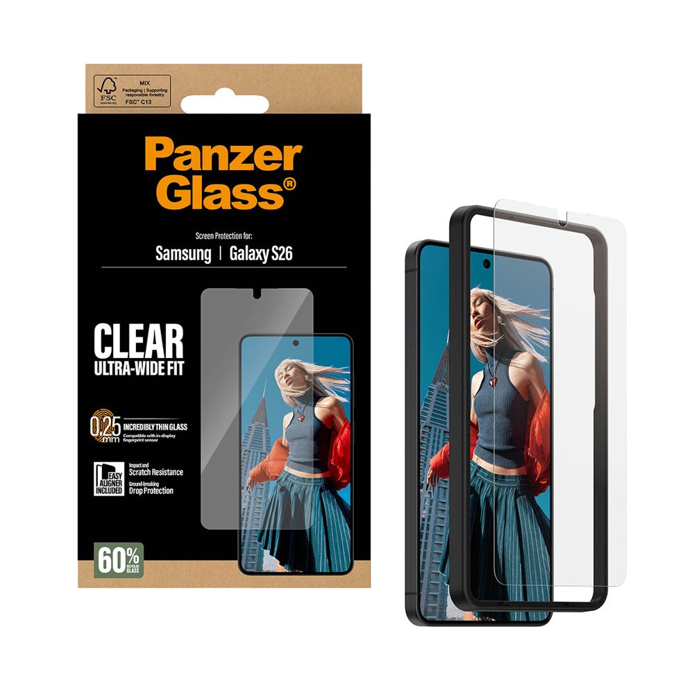 Samsung Galaxy S26 PanzerGlass Skærmbeskyttelsesglas m. EasyAligner - Ultra Wide Fit - Gennemsigtig