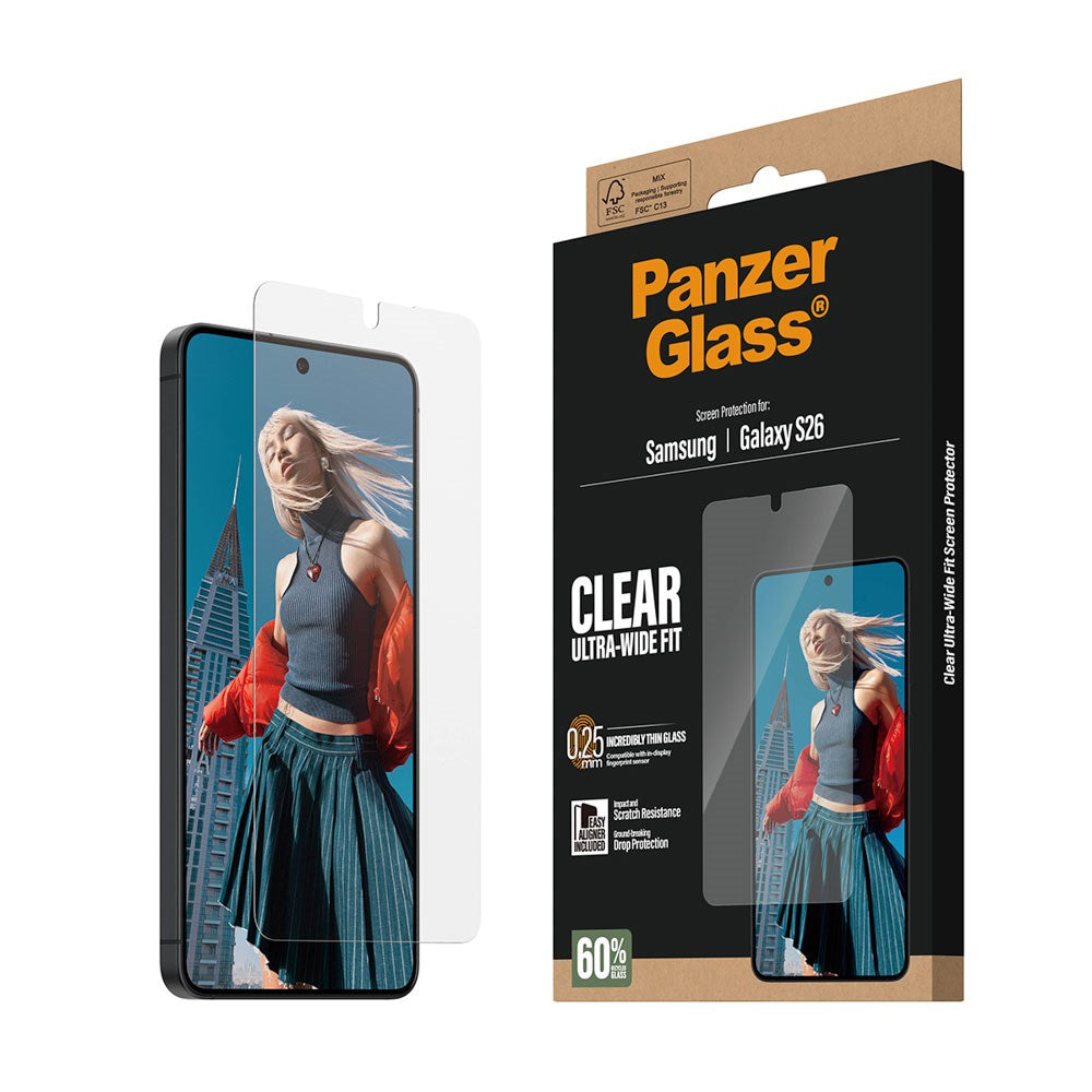 Samsung Galaxy S26 PanzerGlass Skærmbeskyttelsesglas m. EasyAligner - Ultra Wide Fit - Gennemsigtig