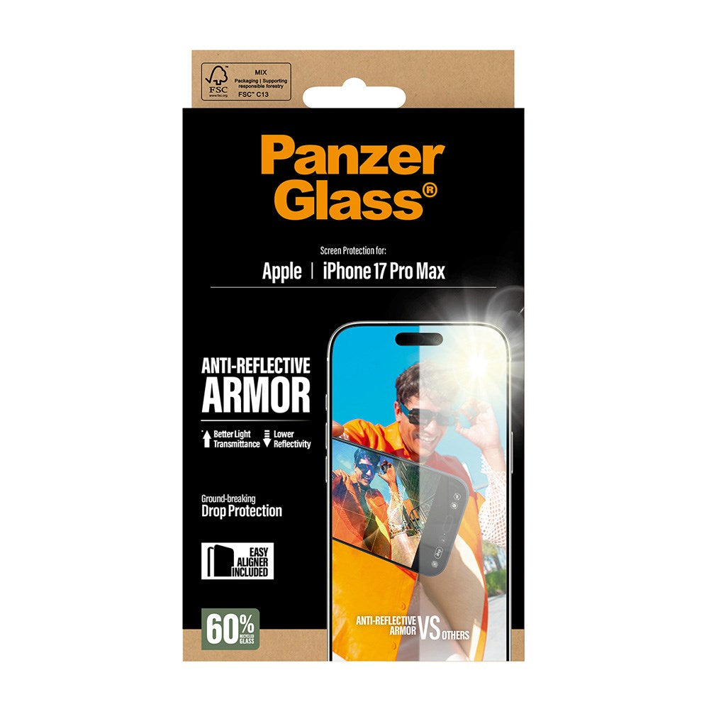PanzerGlass iPhone 17 Pro Max Ultra Wide Fit Skærmbeskyttelse m. EasyAligner - Anti-Reflective - Gennemsigtig