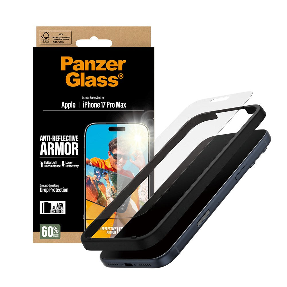 PanzerGlass iPhone 17 Pro Max Ultra Wide Fit Skærmbeskyttelse m. EasyAligner - Anti-Reflective - Gennemsigtig