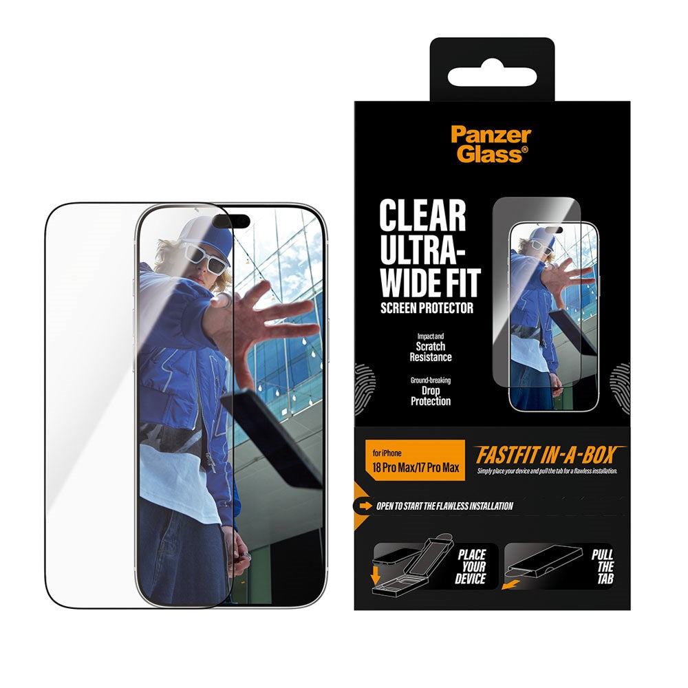 iPhone 18 Pro Max  / 17 Pro Max / 17 Pro Max PanzerGlass Skærmbeskyttelsesglas m. FastFit In-A-Box - Ultra Wide Fit - Gennemsigtig