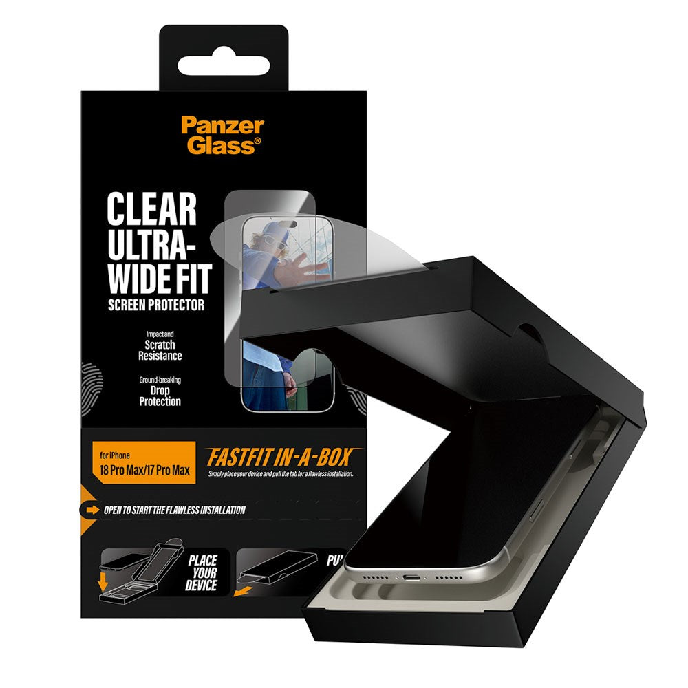 iPhone 18 Pro Max  / 17 Pro Max / 17 Pro Max PanzerGlass Skærmbeskyttelsesglas m. FastFit In-A-Box - Ultra Wide Fit - Gennemsigtig