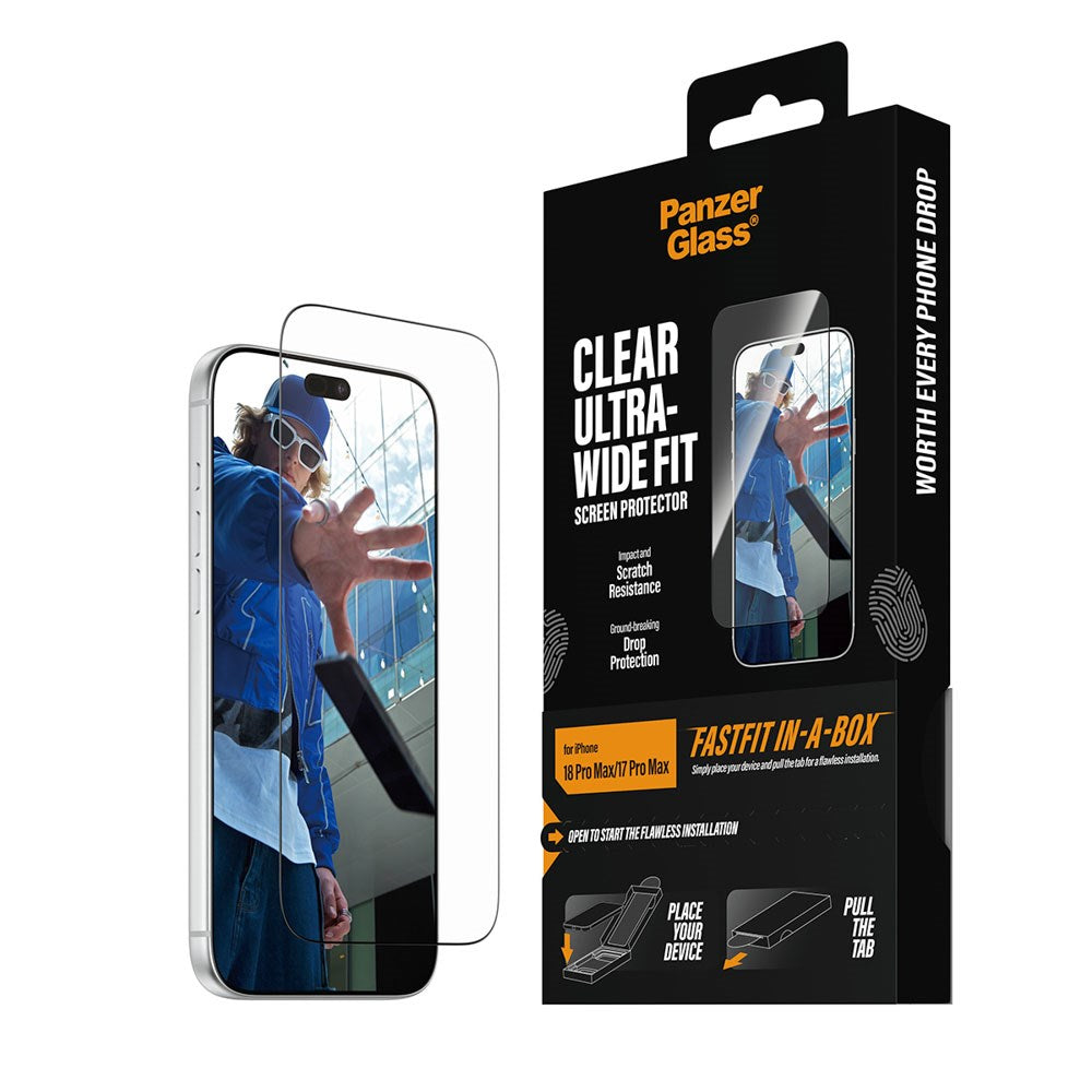 iPhone 18 Pro Max  / 17 Pro Max / 17 Pro Max PanzerGlass Skærmbeskyttelsesglas m. FastFit In-A-Box - Ultra Wide Fit - Gennemsigtig