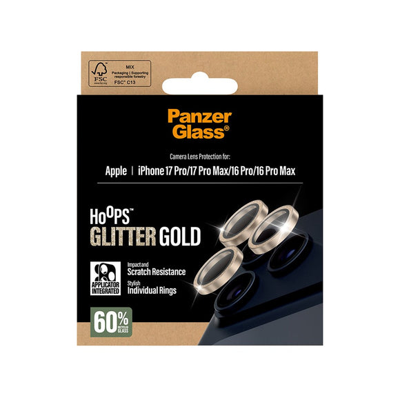 PanzerGlass iPhone 17 Pro / 17 Pro Max / 16 Pro / 16 Pro Max Hoops Kameralinsebeskyttelse m. Installationsramme - Glitter Guld