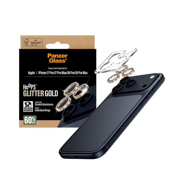 PanzerGlass iPhone 17 Pro / 17 Pro Max / 16 Pro / 16 Pro Max Hoops Kameralinsebeskyttelse m. Installationsramme - Glitter Guld