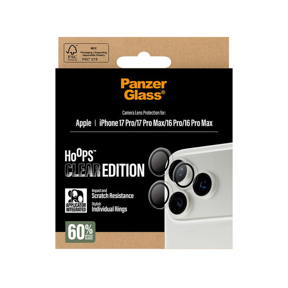 PanzerGlass iPhone 17 Pro / 17 Pro Max / 16 Pro / 16 Pro Max Hoops Kameralinsebeskyttelse m. Installationsramme - Gennemsigtig