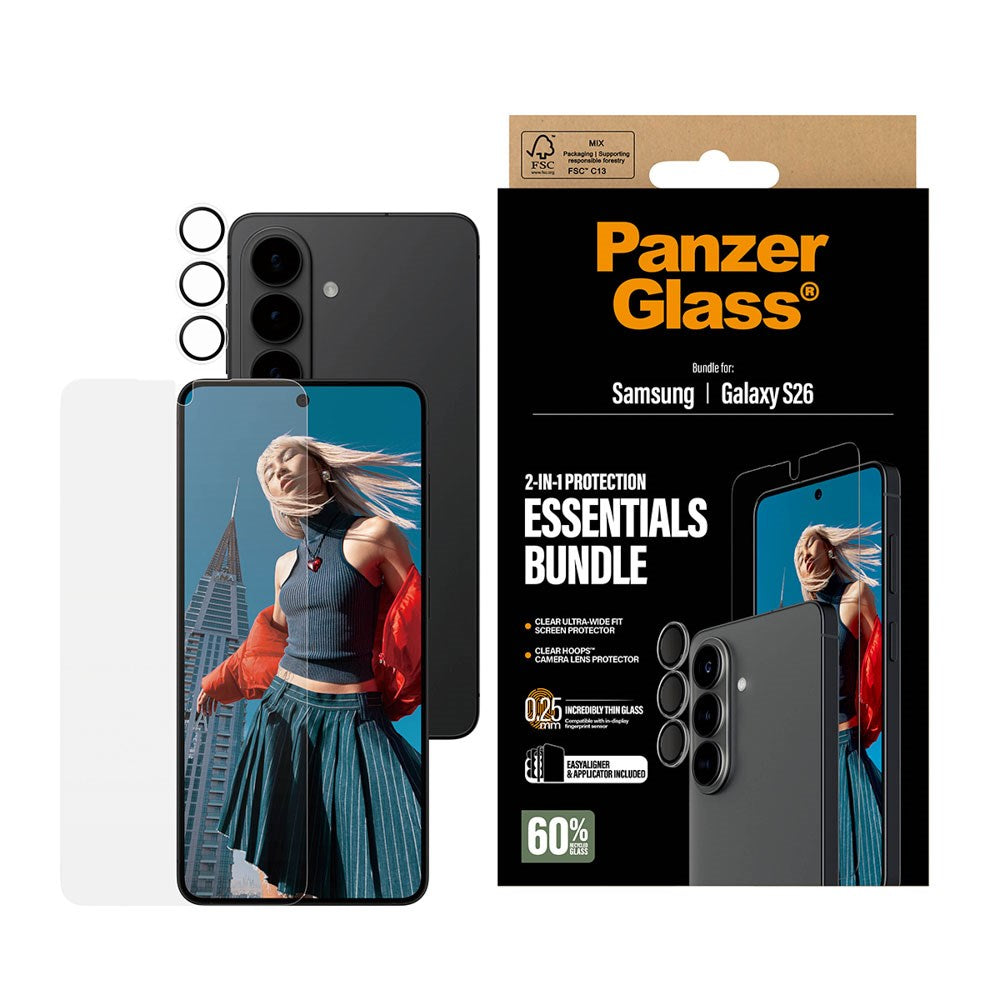 Samsung Galaxy S26 PanzerGlass Hoops 2-in-1 Bundle m. EasyAligner / Skærmbeskyttelse (UWF) / Hoops Kamerabeskyttelse - Gennemsigtig