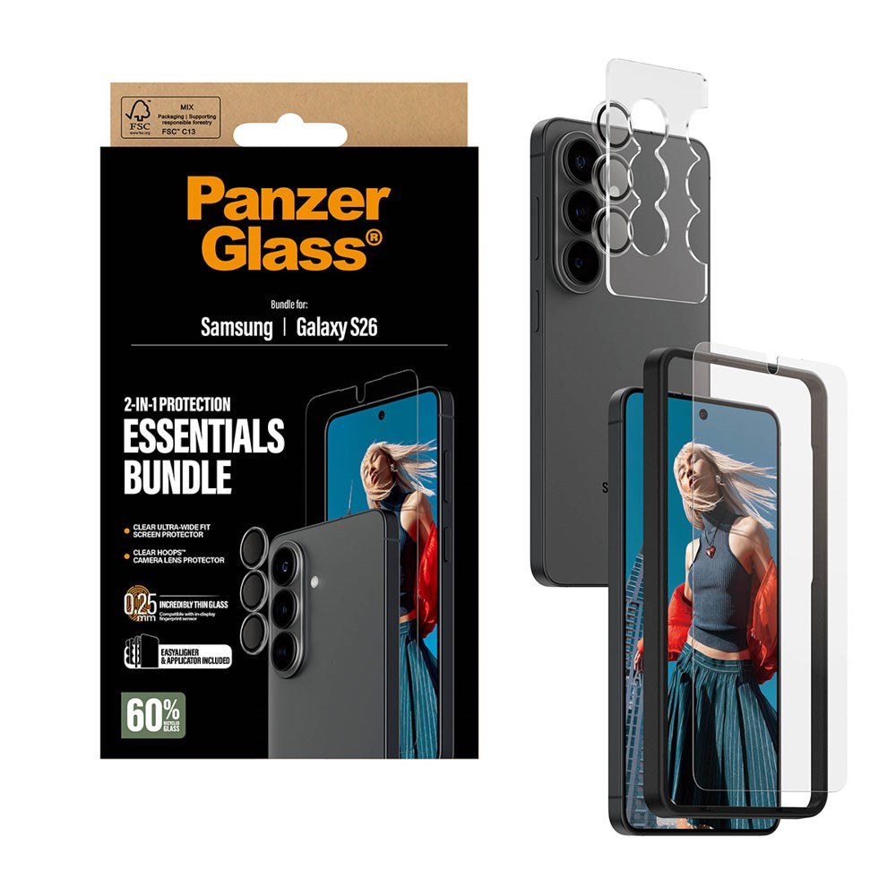 Samsung Galaxy S26 PanzerGlass Hoops 2-in-1 Bundle m. EasyAligner / Skærmbeskyttelse (UWF) / Hoops Kamerabeskyttelse - Gennemsigtig