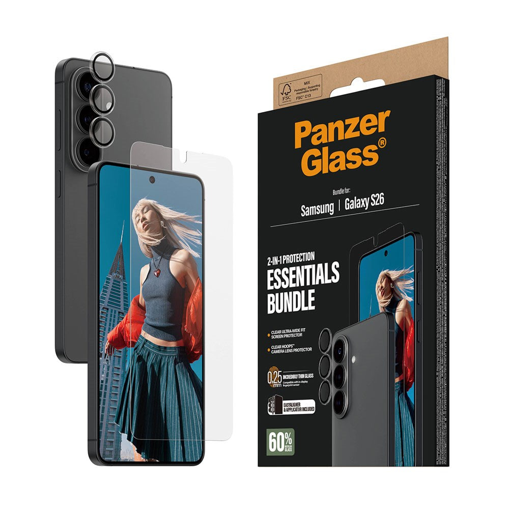 Samsung Galaxy S26 PanzerGlass Hoops 2-in-1 Bundle m. EasyAligner / Skærmbeskyttelse (UWF) / Hoops Kamerabeskyttelse - Gennemsigtig
