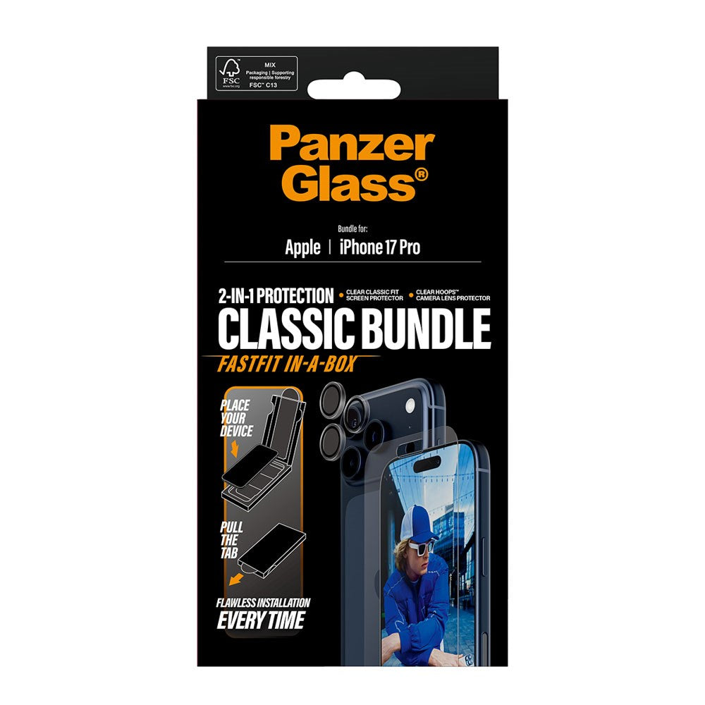PanzerGlass iPhone 17 Pro 2-in-1 Classic Bundle - Skærmbeskyttelse + Kameralinsebeskyttelse - Gennemsigtig