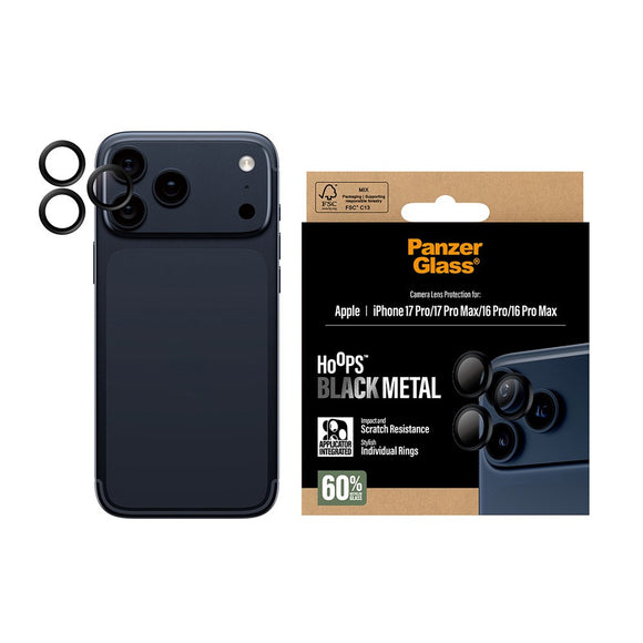 PanzerGlass iPhone 17 Pro / 17 Pro Max / 16 Pro / 16 Pro Max Hoops Kameralinsebeskyttelse m. Installationsramme - Sort