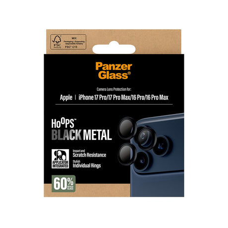 PanzerGlass iPhone 17 Pro / 17 Pro Max / 16 Pro / 16 Pro Max Hoops Kameralinsebeskyttelse m. Installationsramme - Sort