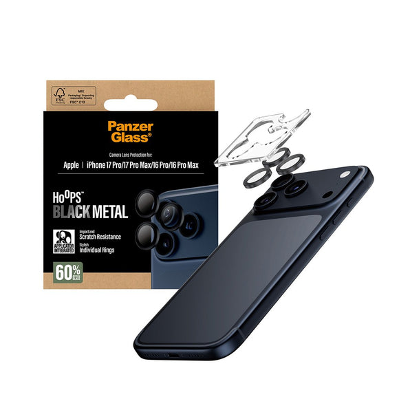 PanzerGlass iPhone 17 Pro / 17 Pro Max / 16 Pro / 16 Pro Max Hoops Kameralinsebeskyttelse m. Installationsramme - Sort
