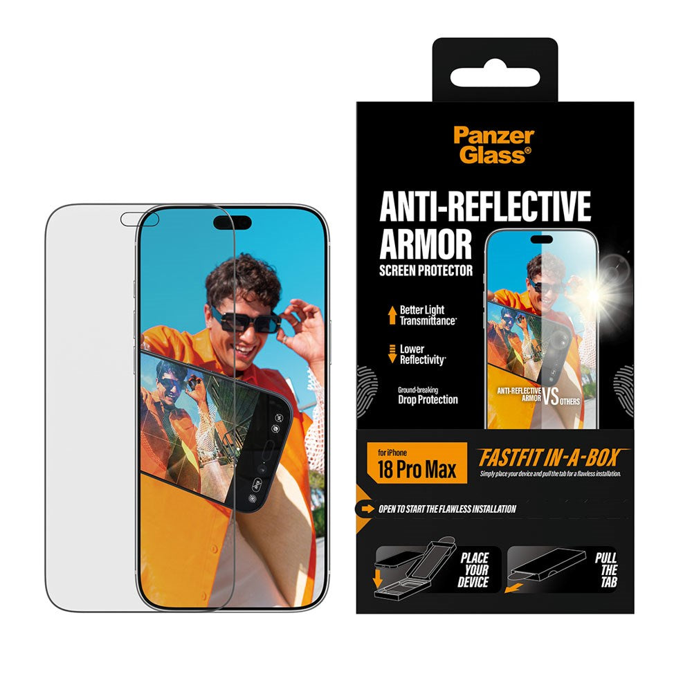 iPhone 18 Pro Max PanzerGlass Skærmbeskyttelse m. FastFit In-A-Box - Anti-Reflekterende - Gennemsigtig