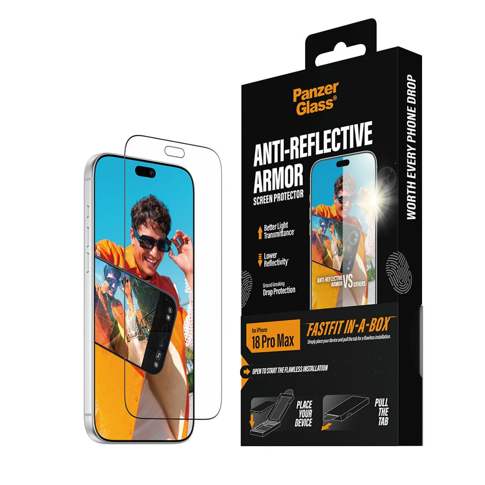iPhone 18 Pro Max PanzerGlass Skærmbeskyttelse m. FastFit In-A-Box - Anti-Reflekterende - Gennemsigtig