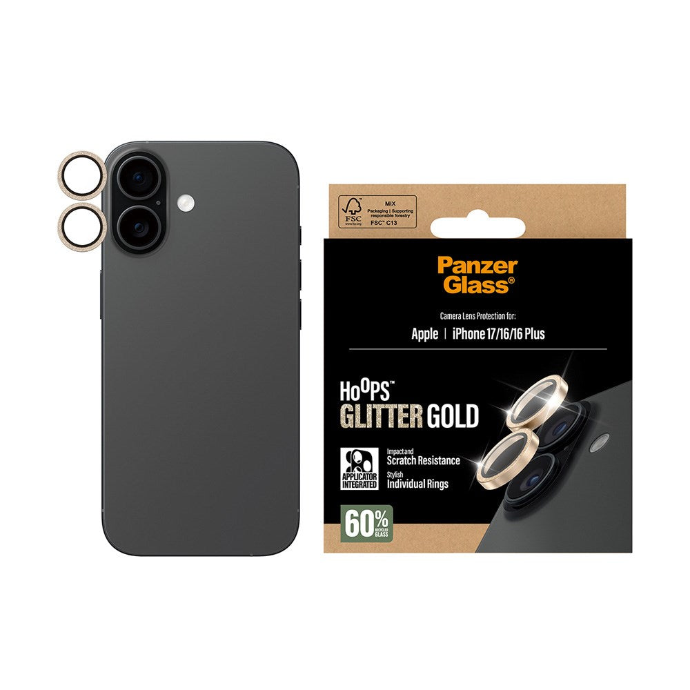 PanzerGlass iPhone 17 / 16 / 16 Plus Hoops Kameralinsebeskyttelse m. Installationsramme - Glitter Guld