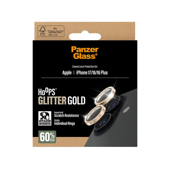 PanzerGlass iPhone 17 / 16 / 16 Plus Hoops Kameralinsebeskyttelse m. Installationsramme - Glitter Guld