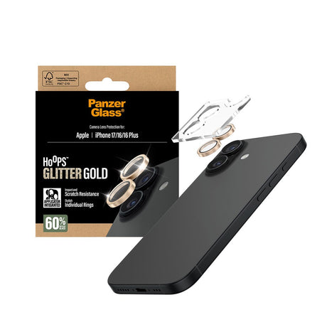 PanzerGlass iPhone 17 / 16 / 16 Plus Hoops Kameralinsebeskyttelse m. Installationsramme - Glitter Guld