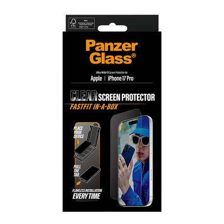 PanzerGlass iPhone 17 Pro Skærmbeskyttelsesglas m. FastFit In-A-Box - Ultra Wide Fit - Gennemsigtig