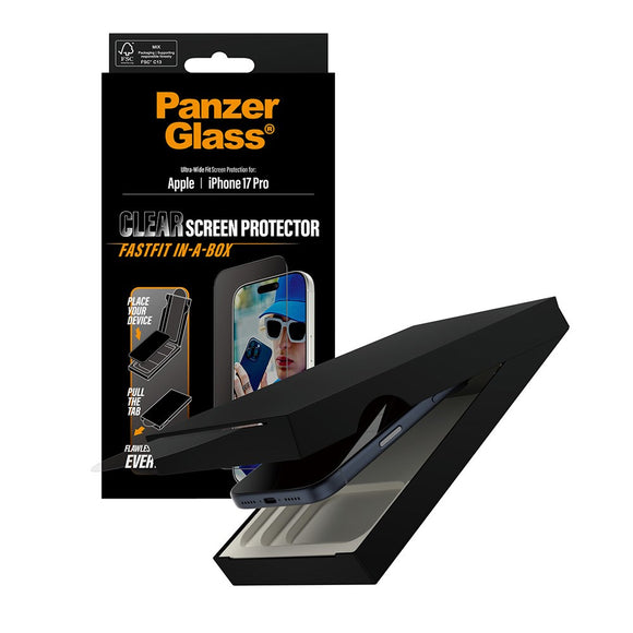 PanzerGlass iPhone 17 Pro Skærmbeskyttelsesglas m. FastFit In-A-Box - Ultra Wide Fit - Gennemsigtig