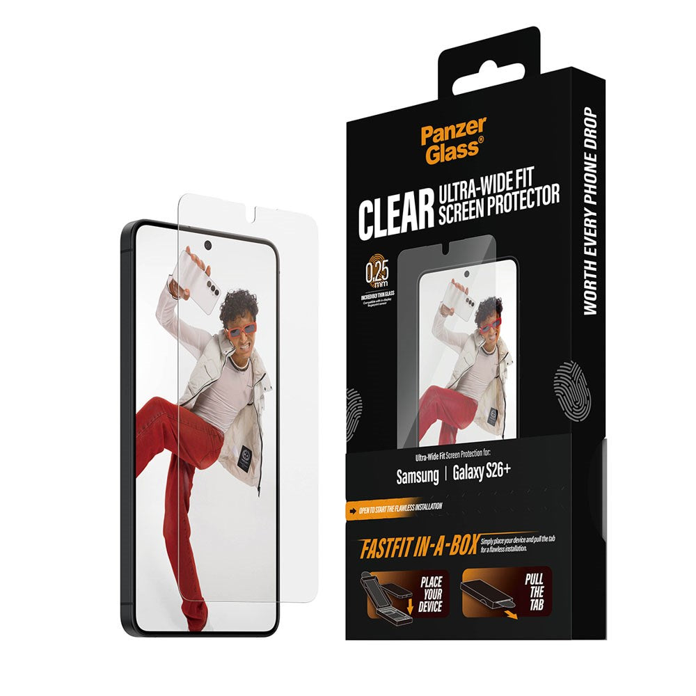 Samsung Galaxy S26+ (Plus) PanzerGlass Skærmbeskyttelsesglas m. FastFit In-A-Box - Ultra Wide Fit - Gennemsigtig
