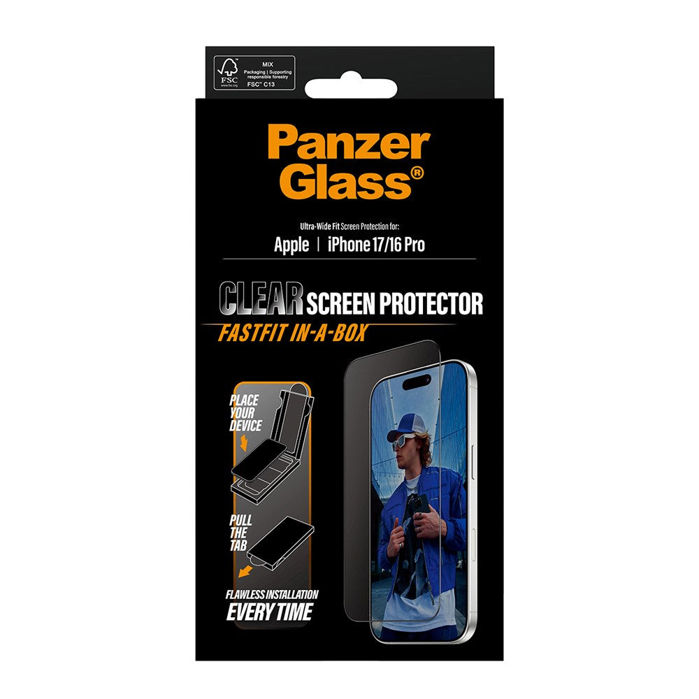 PanzerGlass iPhone 17 / 16 Pro Skærmbeskyttelsesglas m. FastFit In-A-Box - Ultra Wide Fit - Gennemsigtig