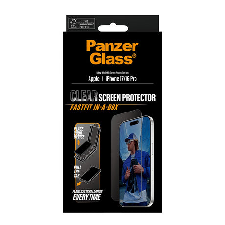 PanzerGlass iPhone 17 / 16 Pro Skærmbeskyttelsesglas m. FastFit In-A-Box - Ultra Wide Fit - Gennemsigtig