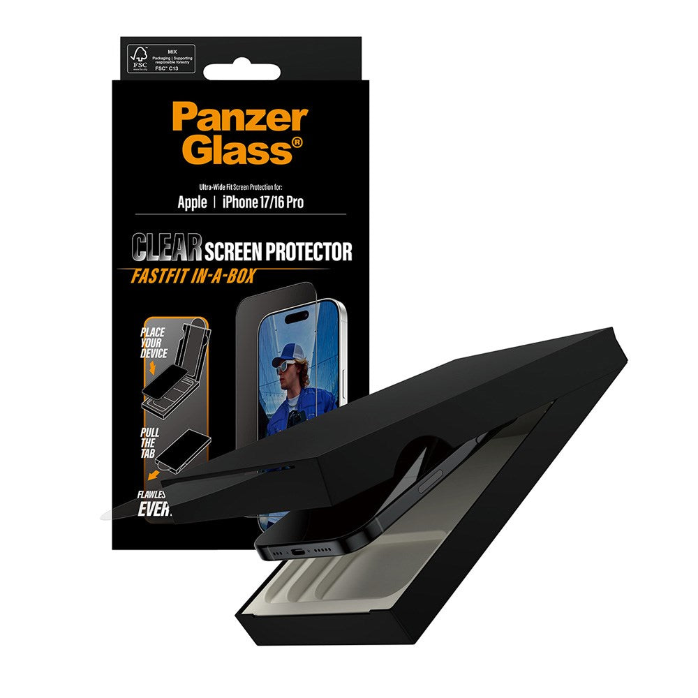 PanzerGlass iPhone 17 / 16 Pro Skærmbeskyttelsesglas m. FastFit In-A-Box - Ultra Wide Fit - Gennemsigtig