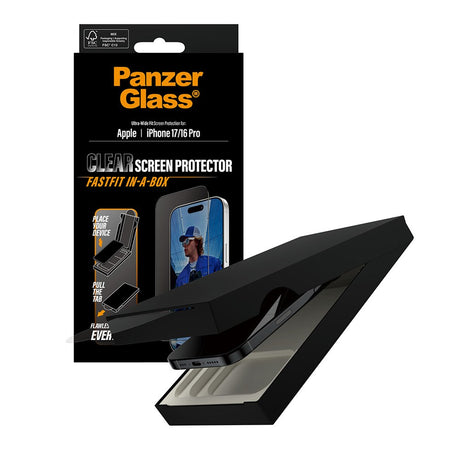 PanzerGlass iPhone 17 / 16 Pro Skærmbeskyttelsesglas m. FastFit In-A-Box - Ultra Wide Fit - Gennemsigtig