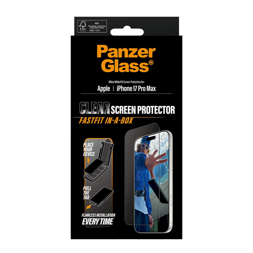 PanzerGlass iPhone 17 Pro Max Skærmbeskyttelsesglas m. FastFit In-A-Box - Ultra Wide Fit - Gennemsigtig