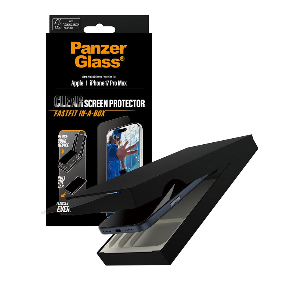 PanzerGlass iPhone 17 Pro Max Skærmbeskyttelsesglas m. FastFit In-A-Box - Ultra Wide Fit - Gennemsigtig