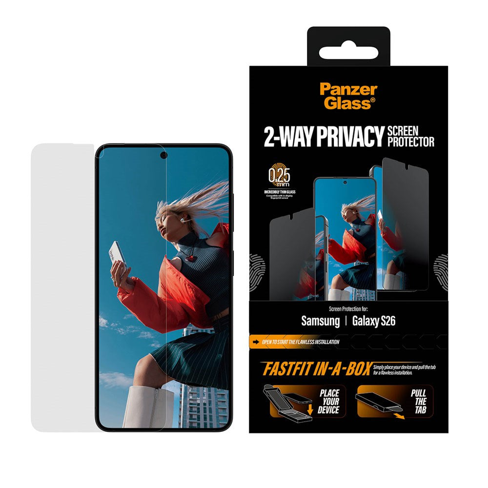 Samsung Galaxy S26 PanzerGlass 2-Way Privacy Skærmbeskyttelse m. FastFit In-A-Box - Gennemsigtig