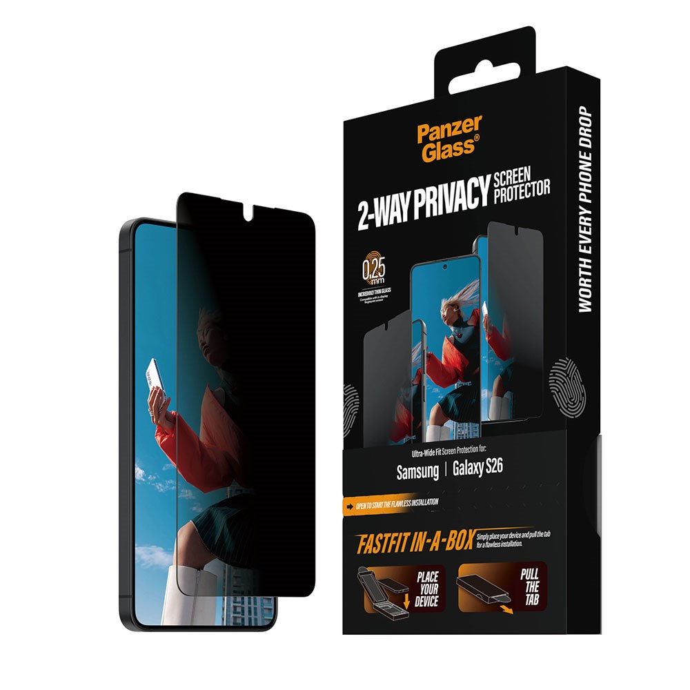 Samsung Galaxy S26 PanzerGlass 2-Way Privacy Skærmbeskyttelse m. FastFit In-A-Box - Gennemsigtig